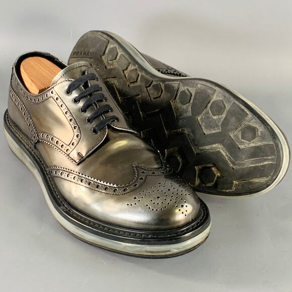 PRADA Size 9 Silver Metallic Perforated Leather Wingtip Lace-Up Shoes - Picture 5 of 9